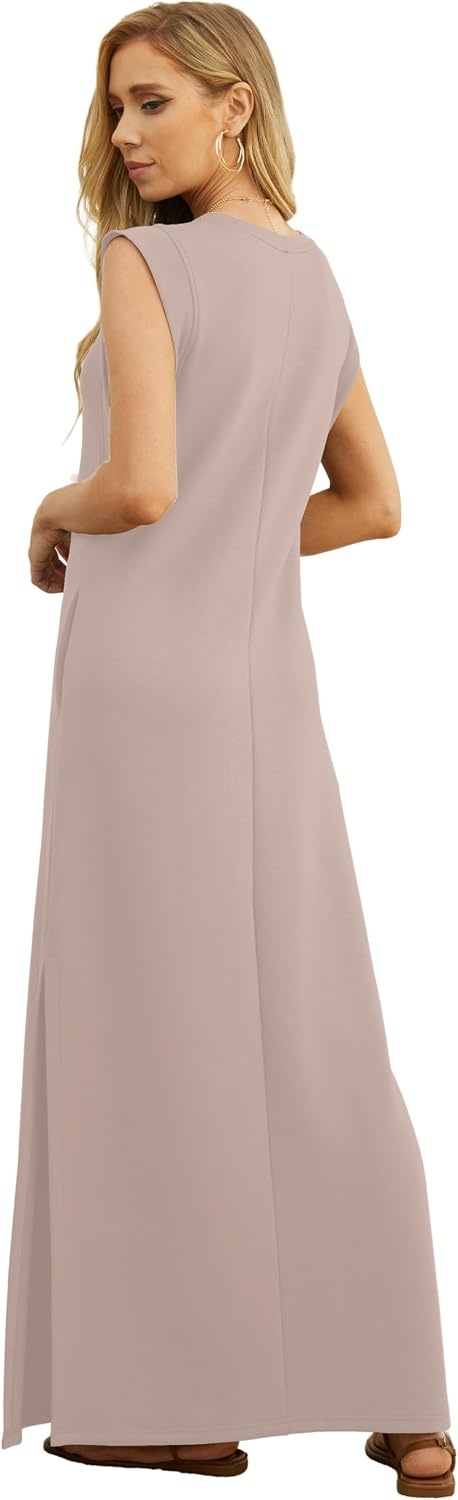 image:imageGRECERELLE 2026 Women YearRound Casual Round Neck Loose Split WrinkleFree Long Maxi Vacation Dress with Pockets XXS4XLRose Brown