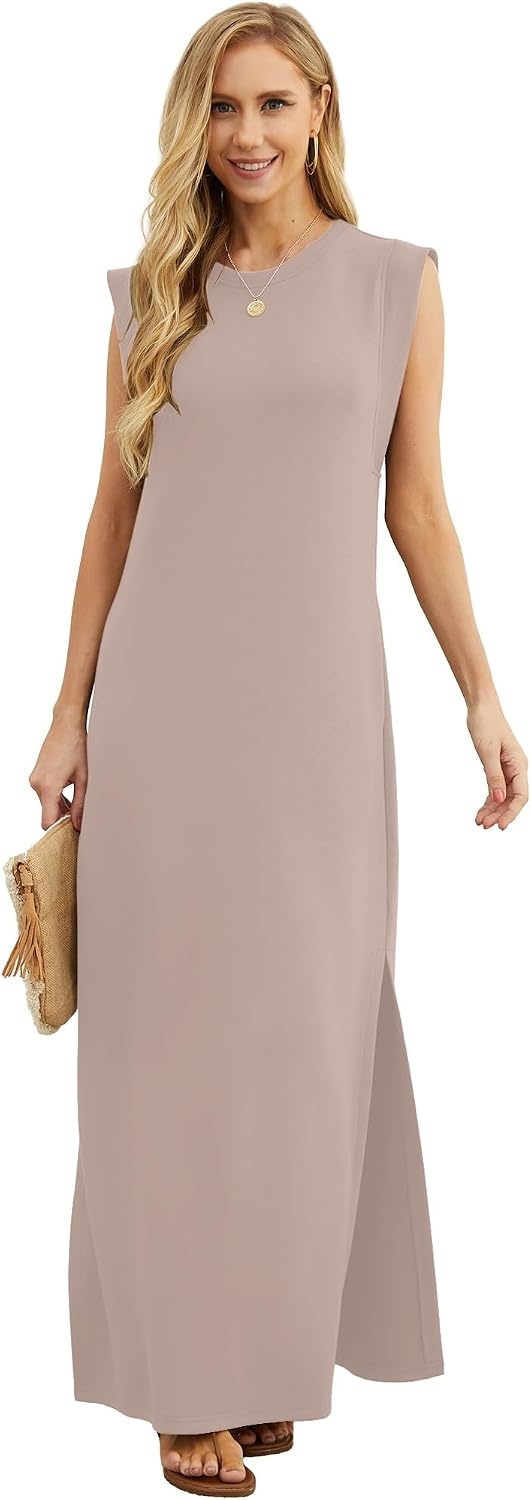 image:imageGRECERELLE 2026 Women YearRound Casual Round Neck Loose Split WrinkleFree Long Maxi Vacation Dress with Pockets XXS4XLRose Brown