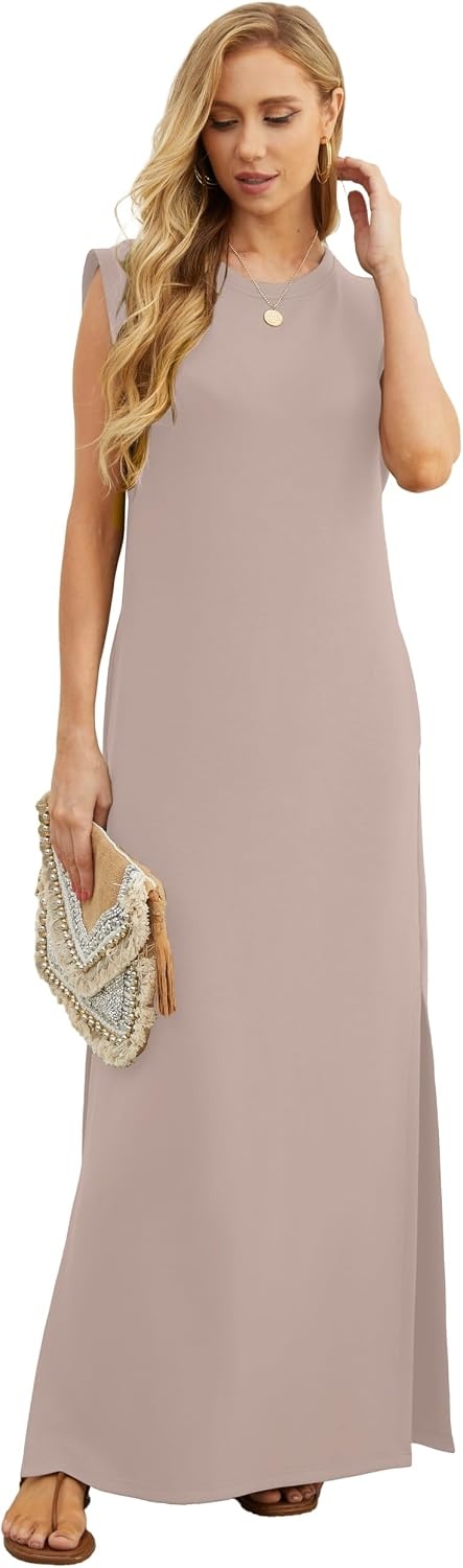 image:imageGRECERELLE 2026 Women YearRound Casual Round Neck Loose Split WrinkleFree Long Maxi Vacation Dress with Pockets XXS4XLRose Brown