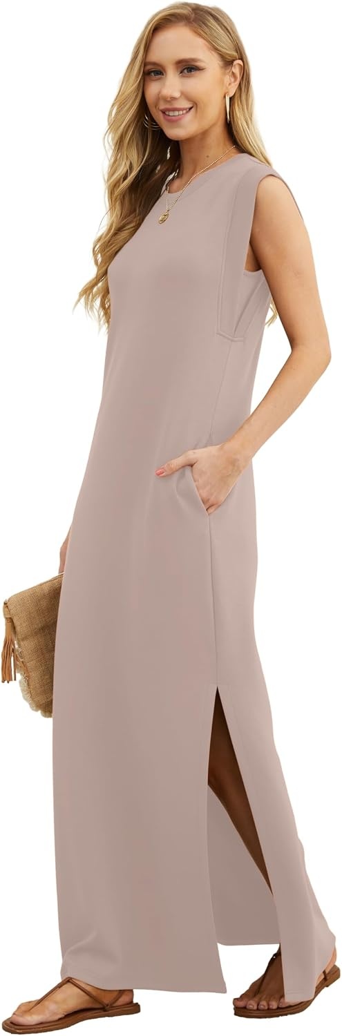 image:imageGRECERELLE 2026 Women YearRound Casual Round Neck Loose Split WrinkleFree Long Maxi Vacation Dress with Pockets XXS4XLRose Brown