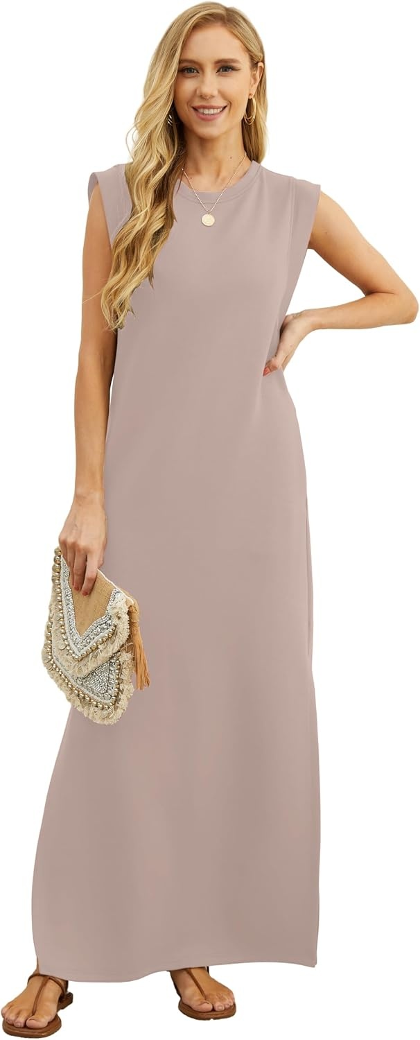 image:imageGRECERELLE 2026 Women YearRound Casual Round Neck Loose Split WrinkleFree Long Maxi Vacation Dress with Pockets XXS4XLRose Brown