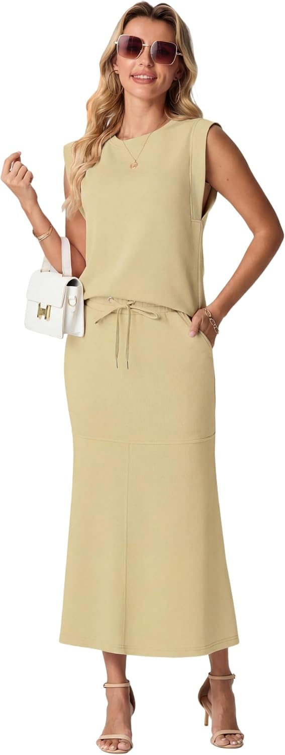image:imageGRECERELLE Women Summer 2 Piece Sets Round Neck WrinkleFree Top amp Elastic Waist Midi Fishtail Skirt with PocketsXS3XLButter Yellow