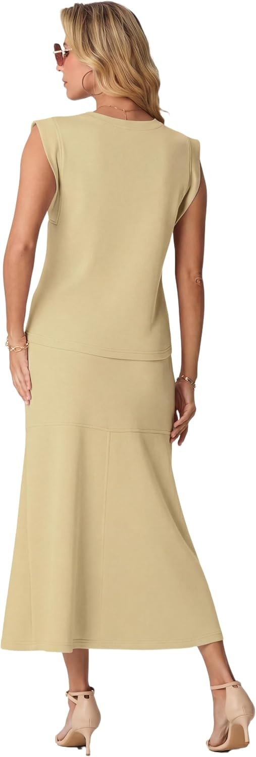 image:imageGRECERELLE Women Summer 2 Piece Sets Round Neck WrinkleFree Top amp Elastic Waist Midi Fishtail Skirt with PocketsXS3XLButter Yellow