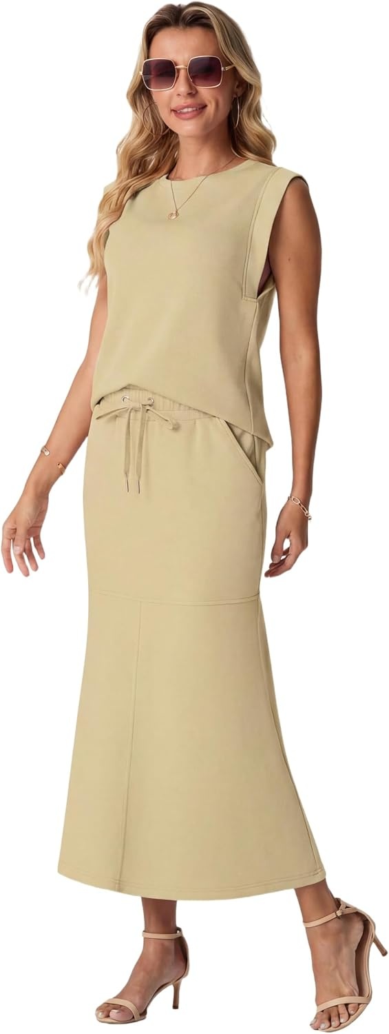 image:imageGRECERELLE Women Summer 2 Piece Sets Round Neck WrinkleFree Top amp Elastic Waist Midi Fishtail Skirt with PocketsXS3XLButter Yellow