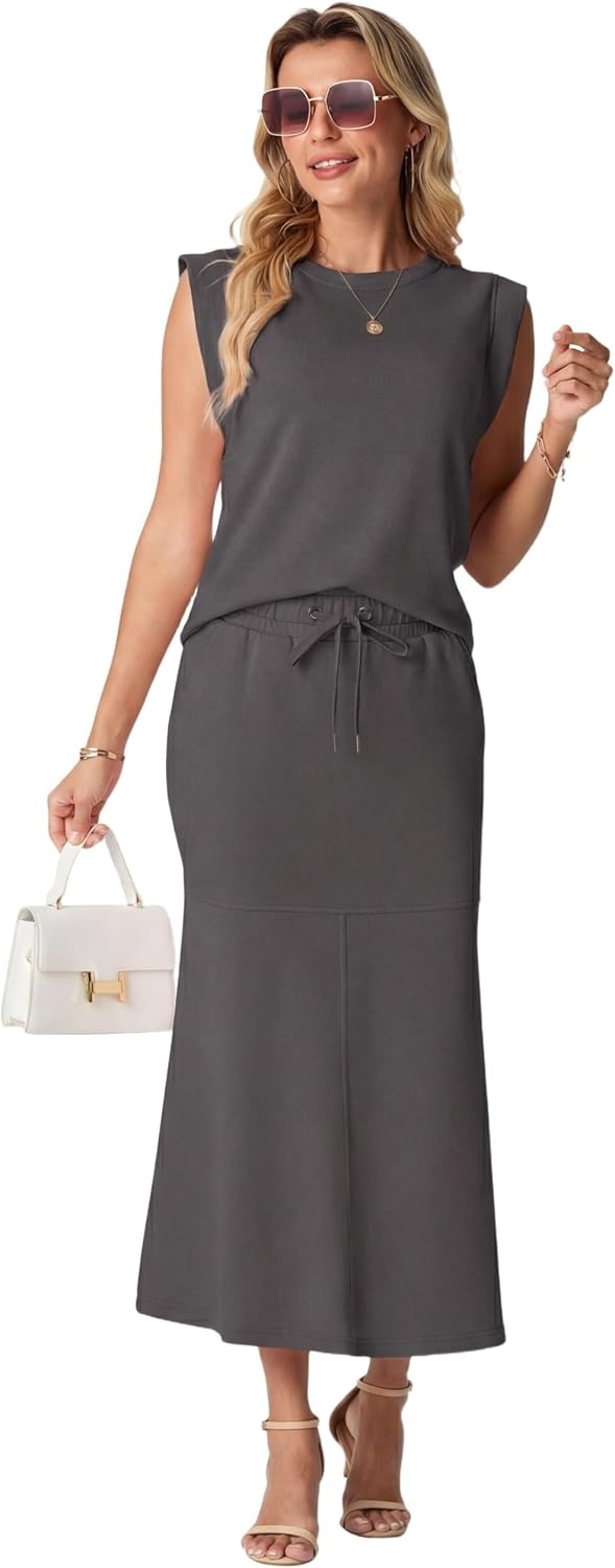 image:imageGRECERELLE Women Summer 2 Piece Sets Round Neck WrinkleFree Top amp Elastic Waist Midi Fishtail Skirt with PocketsXS3XLDark Gray