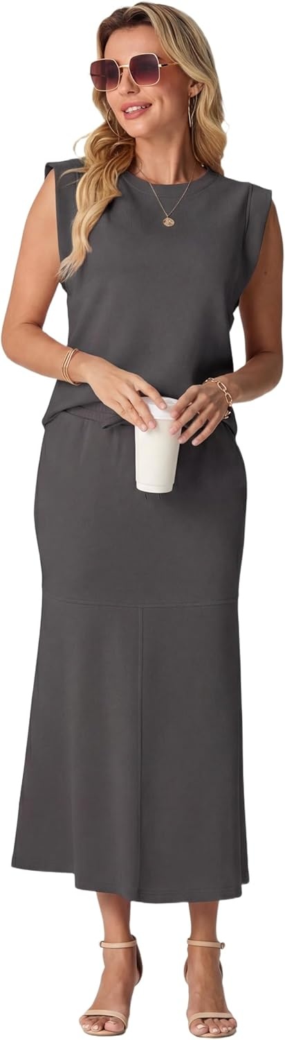 image:imageGRECERELLE Women Summer 2 Piece Sets Round Neck WrinkleFree Top amp Elastic Waist Midi Fishtail Skirt with PocketsXS3XLDark Gray