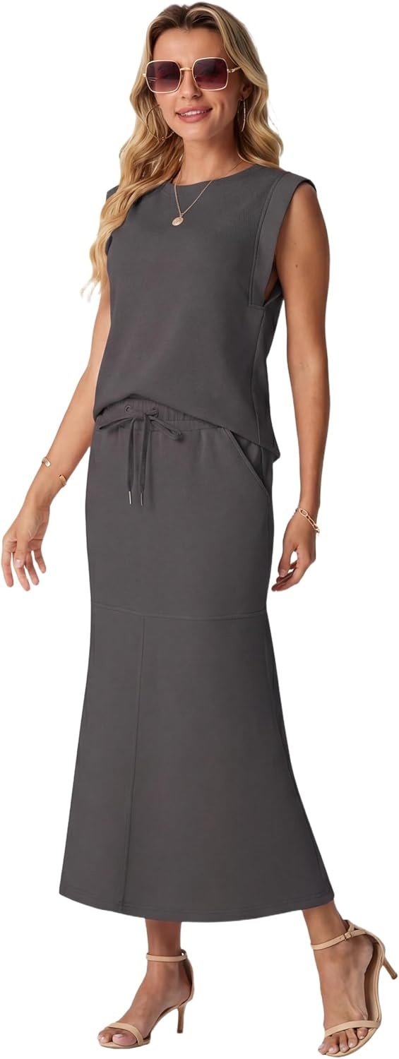 image:imageGRECERELLE Women Summer 2 Piece Sets Round Neck WrinkleFree Top amp Elastic Waist Midi Fishtail Skirt with PocketsXS3XLDark Gray