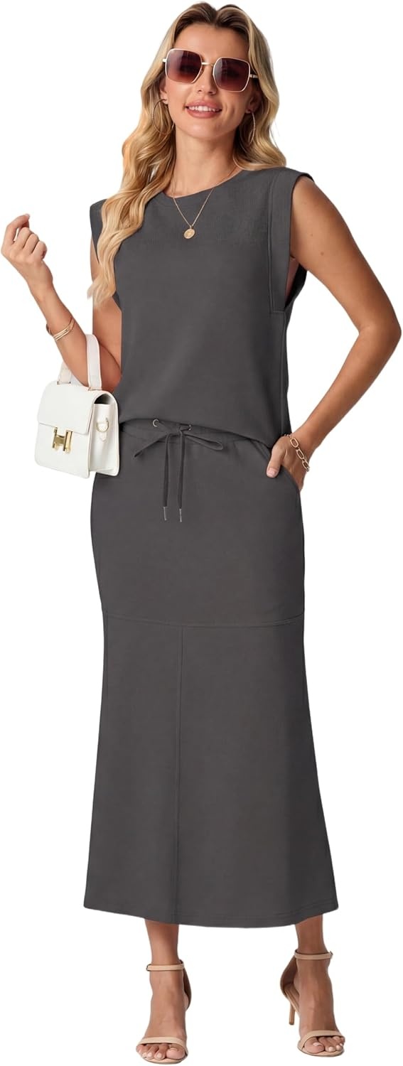 image:imageGRECERELLE Women Summer 2 Piece Sets Round Neck WrinkleFree Top amp Elastic Waist Midi Fishtail Skirt with PocketsXS3XLDark Gray