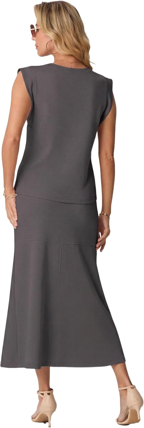 image:imageGRECERELLE Women Summer 2 Piece Sets Round Neck WrinkleFree Top amp Elastic Waist Midi Fishtail Skirt with PocketsXS3XLDark Gray