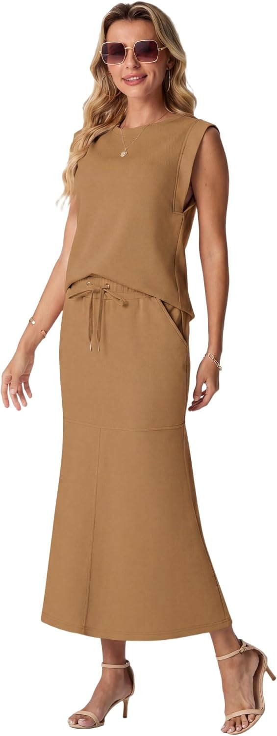 image:imageGRECERELLE Women Summer 2 Piece Sets Round Neck WrinkleFree Top amp Elastic Waist Midi Fishtail Skirt with PocketsXS3XLGinger