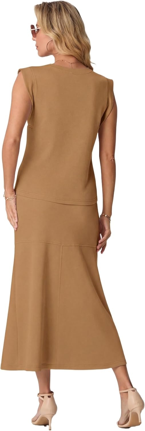 image:imageGRECERELLE Women Summer 2 Piece Sets Round Neck WrinkleFree Top amp Elastic Waist Midi Fishtail Skirt with PocketsXS3XLGinger