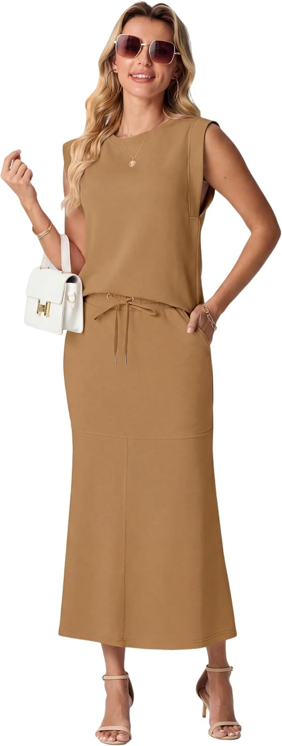 image:imageGRECERELLE Women Summer 2 Piece Sets Round Neck WrinkleFree Top amp Elastic Waist Midi Fishtail Skirt with PocketsXS3XLGinger