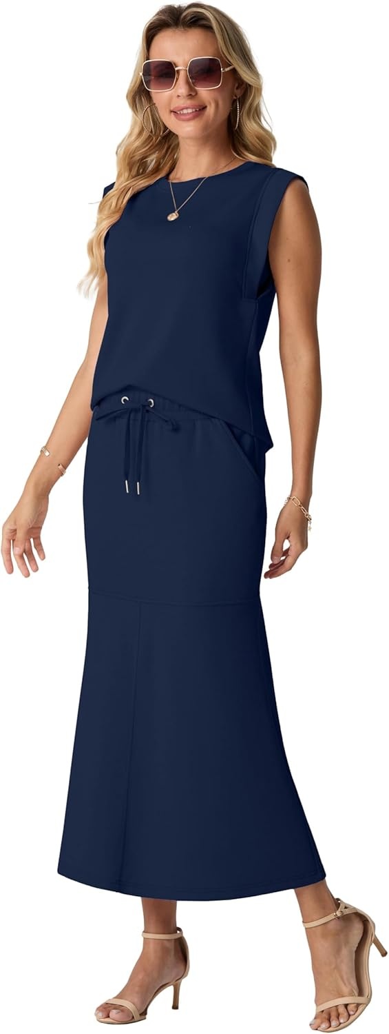 image:imageGRECERELLE Women Summer 2 Piece Sets Round Neck WrinkleFree Top amp Elastic Waist Midi Fishtail Skirt with PocketsXS3XLNavy Blue