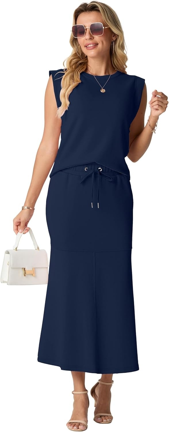 image:imageGRECERELLE Women Summer 2 Piece Sets Round Neck WrinkleFree Top amp Elastic Waist Midi Fishtail Skirt with PocketsXS3XLNavy Blue