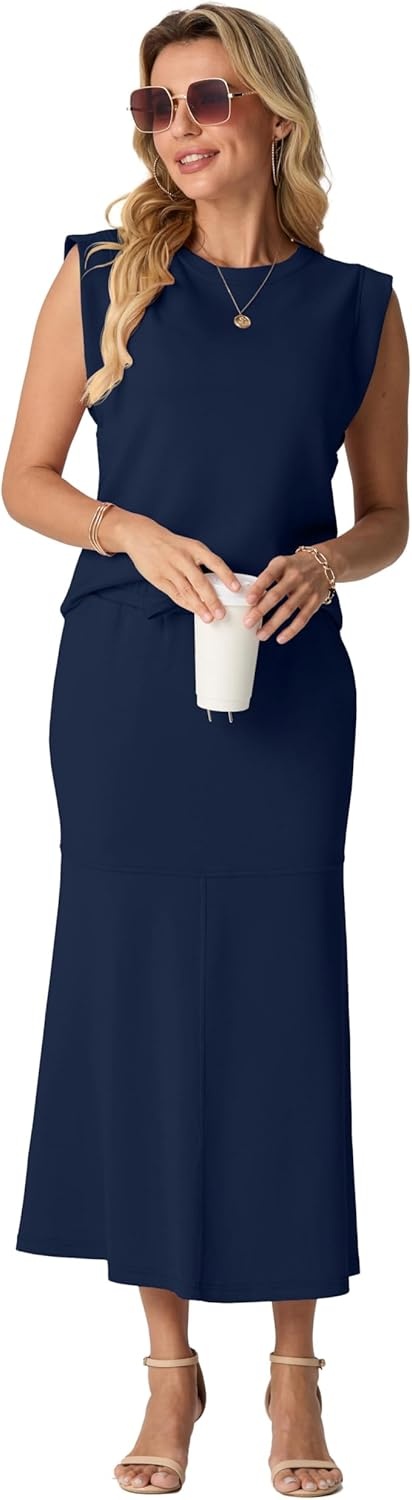 image:imageGRECERELLE Women Summer 2 Piece Sets Round Neck WrinkleFree Top amp Elastic Waist Midi Fishtail Skirt with PocketsXS3XLNavy Blue