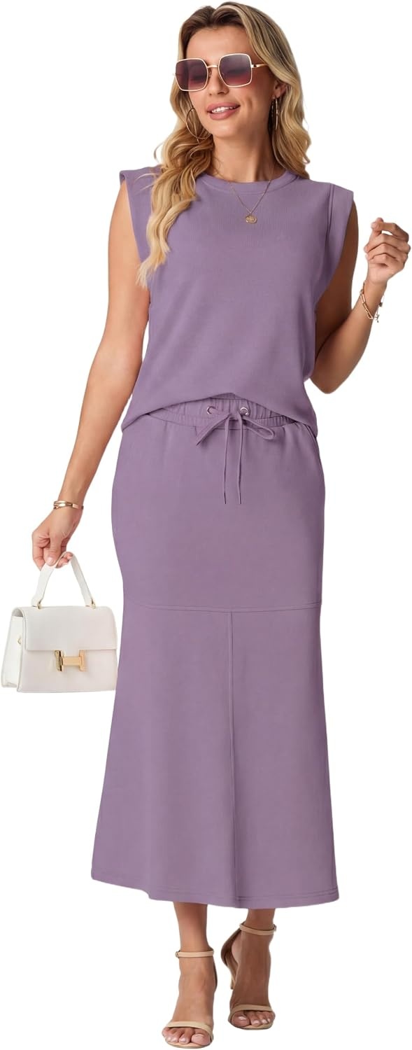 image:imageGRECERELLE Women Summer 2 Piece Sets Round Neck WrinkleFree Top amp Elastic Waist Midi Fishtail Skirt with PocketsXS3XLPurple