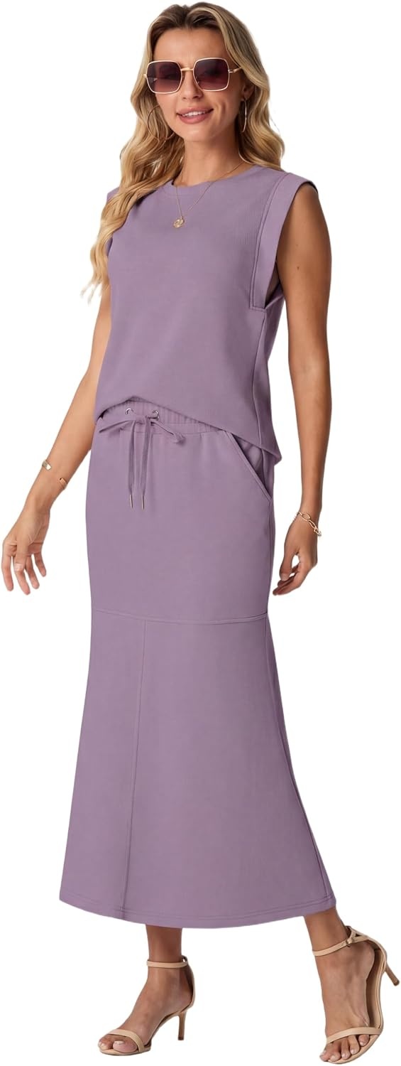 image:imageGRECERELLE Women Summer 2 Piece Sets Round Neck WrinkleFree Top amp Elastic Waist Midi Fishtail Skirt with PocketsXS3XLPurple