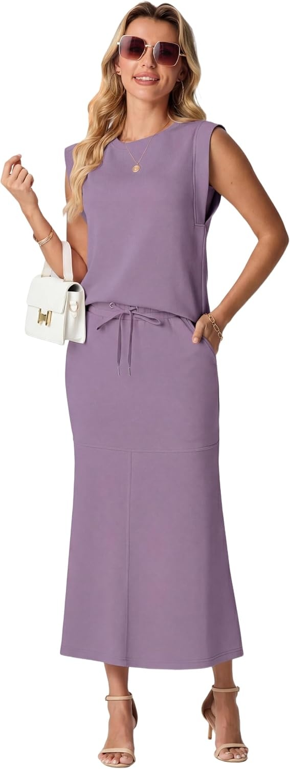 image:imageGRECERELLE Women Summer 2 Piece Sets Round Neck WrinkleFree Top amp Elastic Waist Midi Fishtail Skirt with PocketsXS3XLPurple