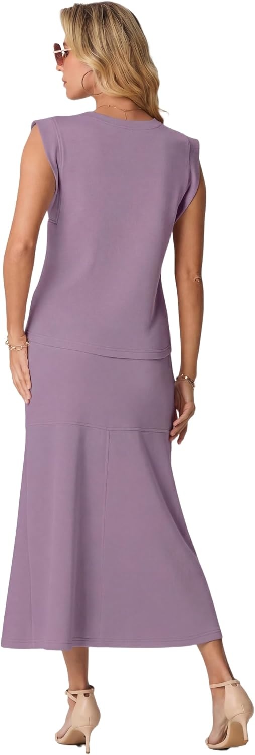 image:imageGRECERELLE Women Summer 2 Piece Sets Round Neck WrinkleFree Top amp Elastic Waist Midi Fishtail Skirt with PocketsXS3XLPurple