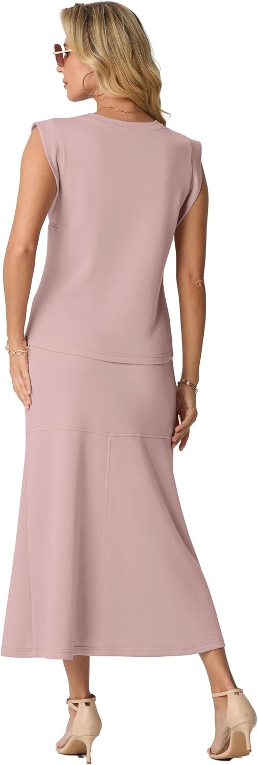 image:imageGRECERELLE Women Summer 2 Piece Sets Round Neck WrinkleFree Top amp Elastic Waist Midi Fishtail Skirt with PocketsXS3XLRose Pink
