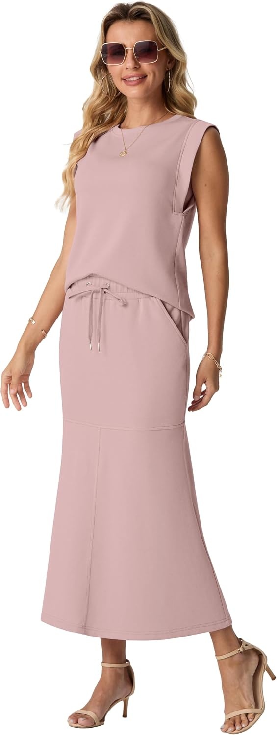 image:imageGRECERELLE Women Summer 2 Piece Sets Round Neck WrinkleFree Top amp Elastic Waist Midi Fishtail Skirt with PocketsXS3XLRose Pink