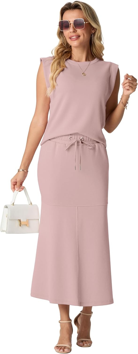 image:imageGRECERELLE Women Summer 2 Piece Sets Round Neck WrinkleFree Top amp Elastic Waist Midi Fishtail Skirt with PocketsXS3XLRose Pink