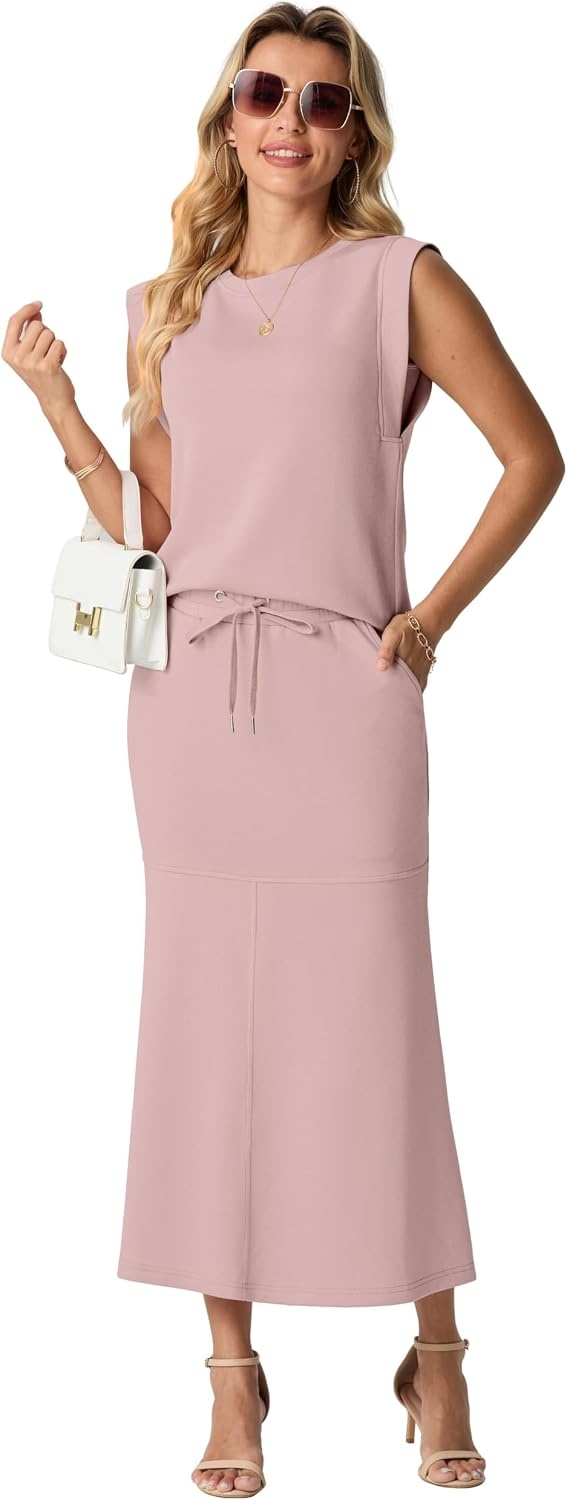 image:imageGRECERELLE Women Summer 2 Piece Sets Round Neck WrinkleFree Top amp Elastic Waist Midi Fishtail Skirt with PocketsXS3XLRose Pink