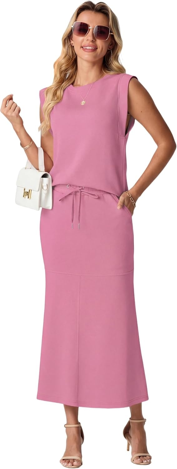 image:imageGRECERELLE Women Summer 2 Piece Sets Round Neck WrinkleFree Top amp Elastic Waist Midi Fishtail Skirt with PocketsXS3XLRose Red