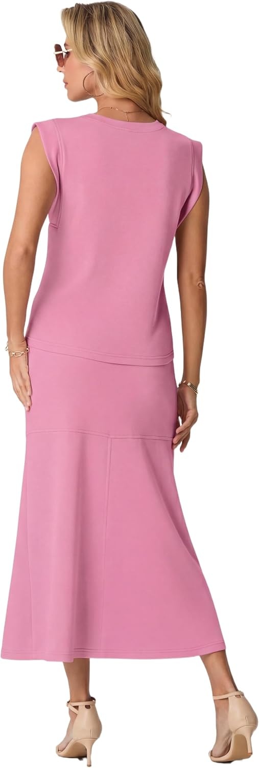 image:imageGRECERELLE Women Summer 2 Piece Sets Round Neck WrinkleFree Top amp Elastic Waist Midi Fishtail Skirt with PocketsXS3XLRose Red