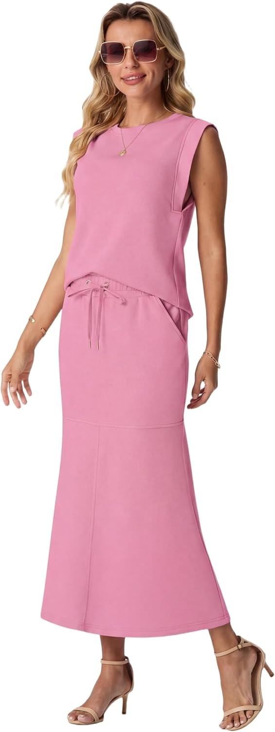 image:imageGRECERELLE Women Summer 2 Piece Sets Round Neck WrinkleFree Top amp Elastic Waist Midi Fishtail Skirt with PocketsXS3XLRose Red