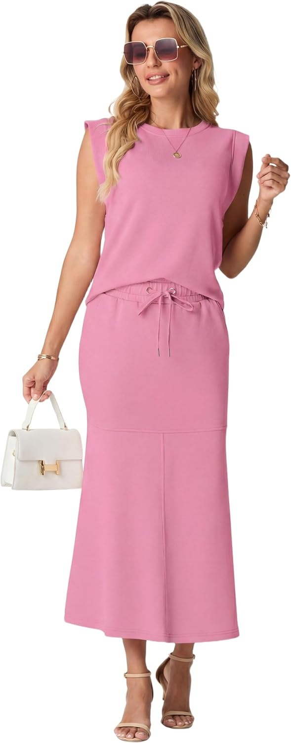image:imageGRECERELLE Women Summer 2 Piece Sets Round Neck WrinkleFree Top amp Elastic Waist Midi Fishtail Skirt with PocketsXS3XLRose Red