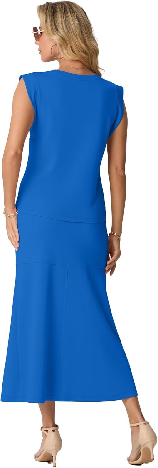 image:imageGRECERELLE Women Summer 2 Piece Sets Round Neck WrinkleFree Top amp Elastic Waist Midi Fishtail Skirt with PocketsXS3XLRoyal Blue