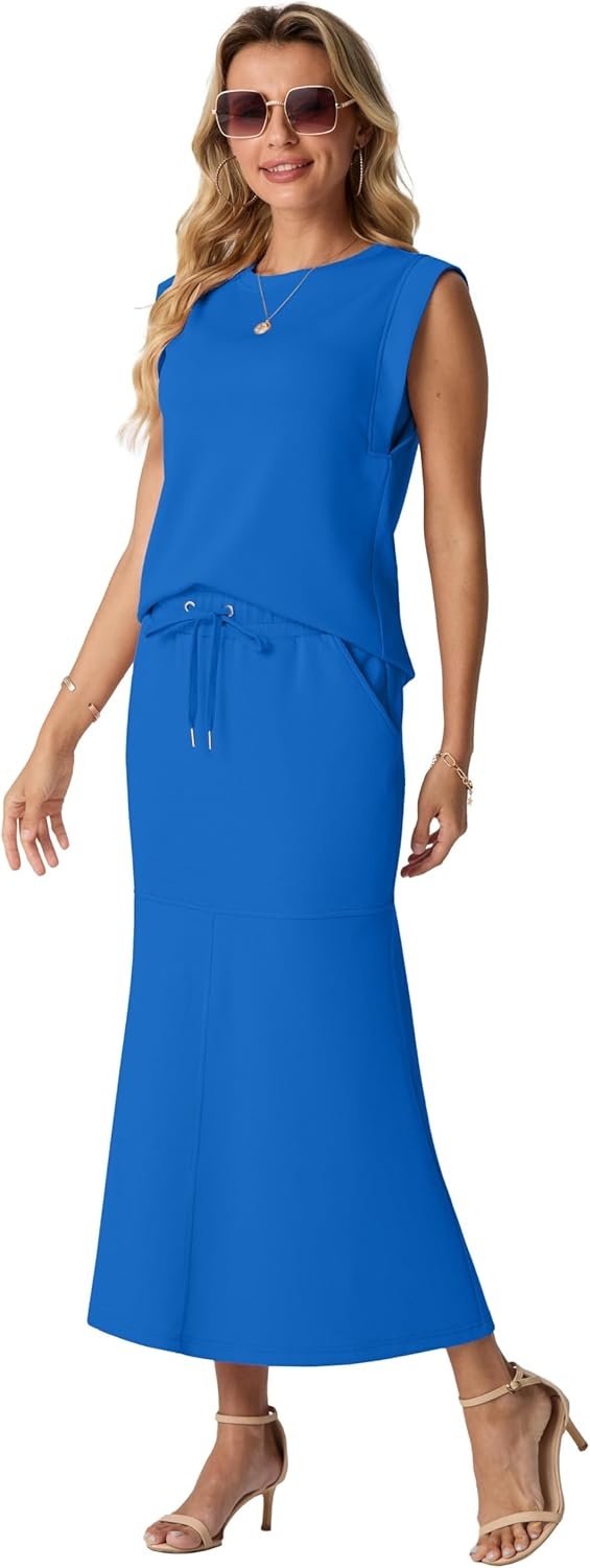image:imageGRECERELLE Women Summer 2 Piece Sets Round Neck WrinkleFree Top amp Elastic Waist Midi Fishtail Skirt with PocketsXS3XLRoyal Blue