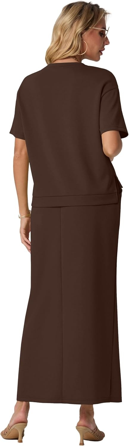 image:imageGRECERELLE Women Summer Casual 2 Piece Sets CrewNeck WrinkleFree Top amp Elastic Waist Maxi Front Slit Skirt with PocketsDark Coffee