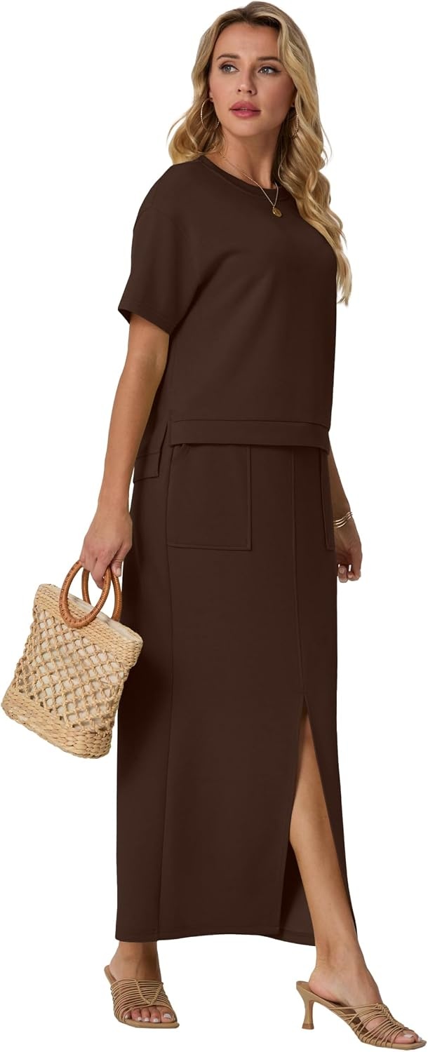 image:imageGRECERELLE Women Summer Casual 2 Piece Sets CrewNeck WrinkleFree Top amp Elastic Waist Maxi Front Slit Skirt with PocketsDark Coffee