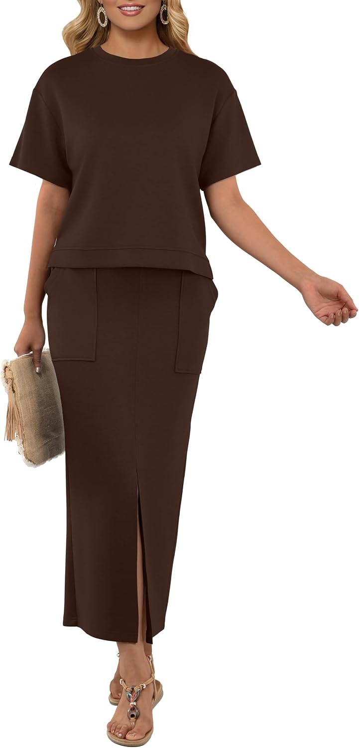 image:imageGRECERELLE Women Summer Casual 2 Piece Sets CrewNeck WrinkleFree Top amp Elastic Waist Maxi Front Slit Skirt with PocketsDark Coffee