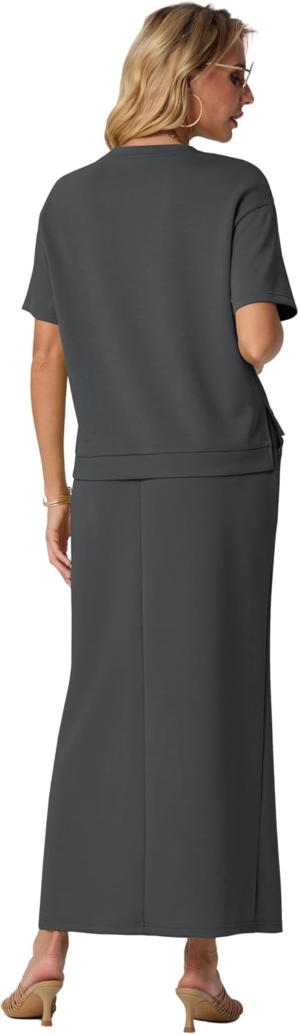 image:imageGRECERELLE Women Summer Casual 2 Piece Sets CrewNeck WrinkleFree Top amp Elastic Waist Maxi Front Slit Skirt with PocketsDark Gray