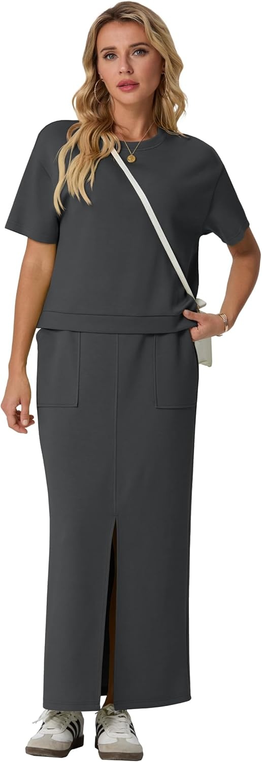 image:imageGRECERELLE Women Summer Casual 2 Piece Sets CrewNeck WrinkleFree Top amp Elastic Waist Maxi Front Slit Skirt with PocketsDark Gray