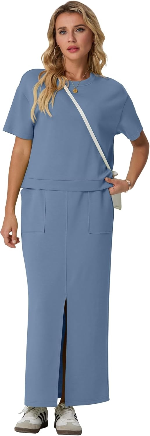 image:imageGRECERELLE Women Summer Casual 2 Piece Sets CrewNeck WrinkleFree Top amp Elastic Waist Maxi Front Slit Skirt with PocketsDenim Blue
