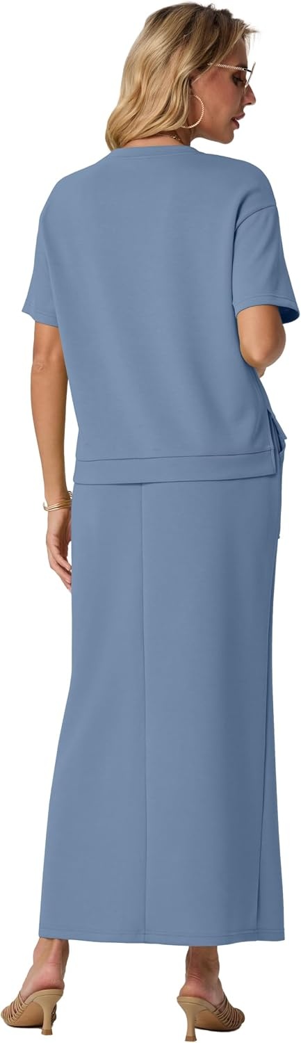 image:imageGRECERELLE Women Summer Casual 2 Piece Sets CrewNeck WrinkleFree Top amp Elastic Waist Maxi Front Slit Skirt with PocketsDenim Blue