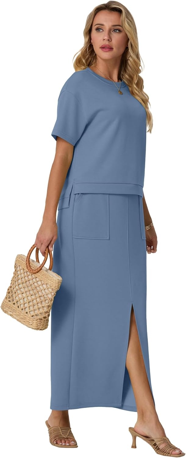 image:imageGRECERELLE Women Summer Casual 2 Piece Sets CrewNeck WrinkleFree Top amp Elastic Waist Maxi Front Slit Skirt with PocketsDenim Blue