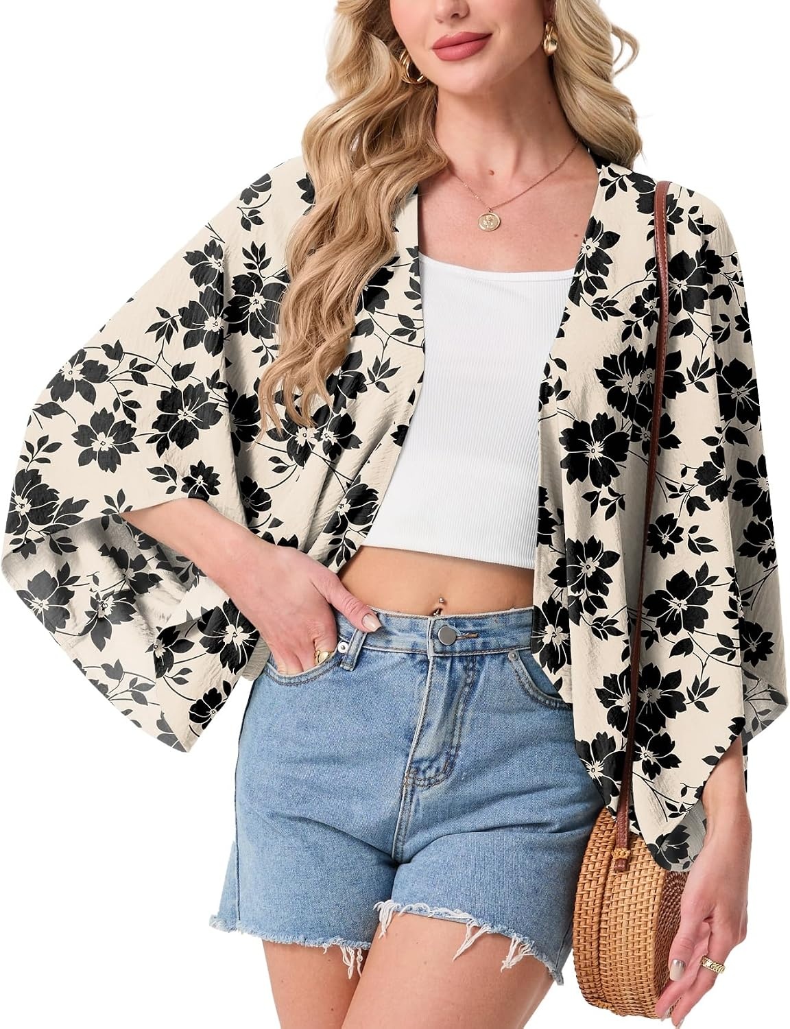 image:imageGRECERELLE Womens Summer Lightweight Cropped Cardigan Open Front Cover Ups for Dresses Kimono Oversized Trendy Layering Tops Casual Loose Shrug for VacationKhaki Black Flower