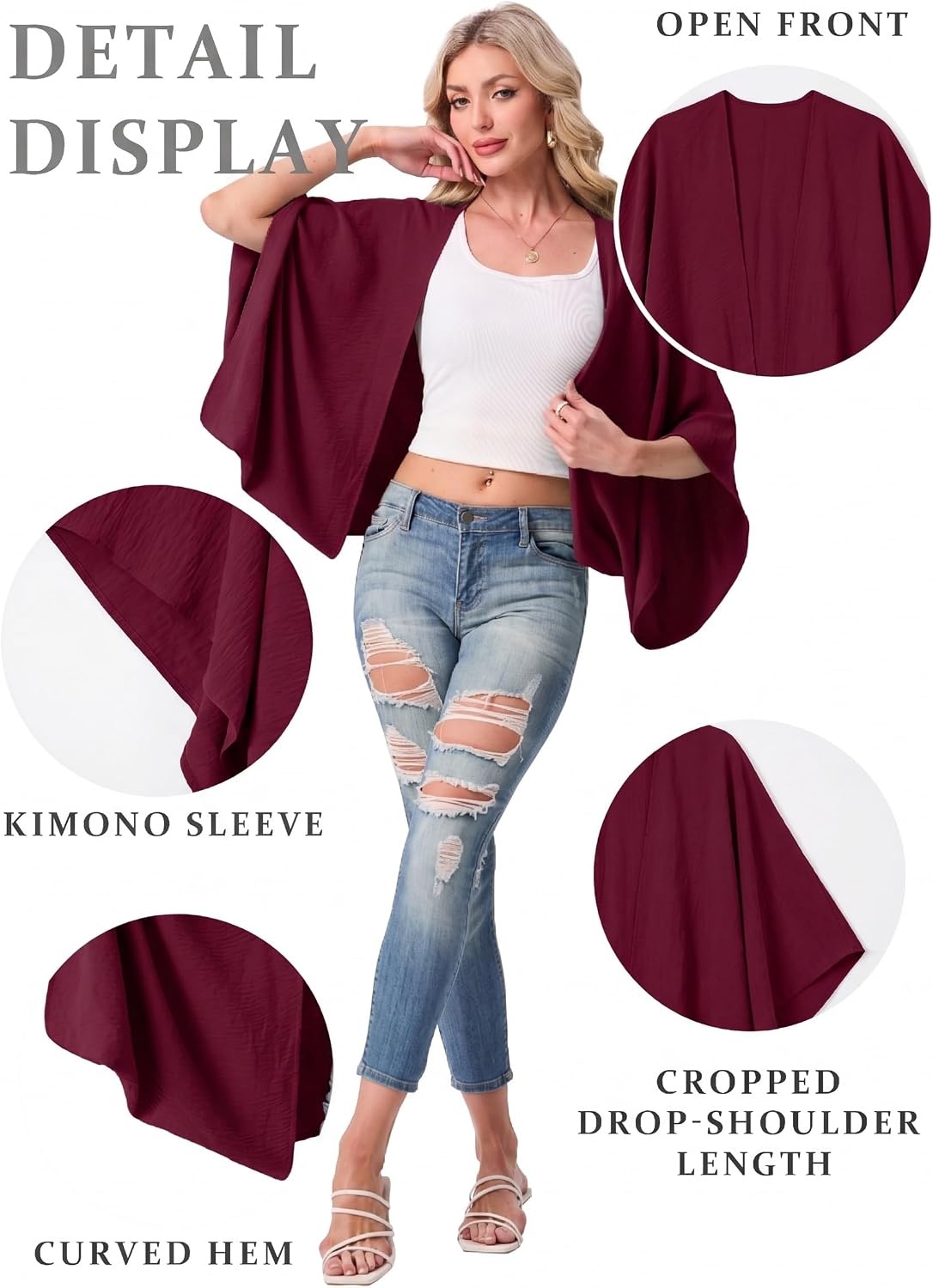 image:imageGRECERELLE Womens Summer Lightweight Cropped Cardigan Open Front Cover Ups for Dresses Kimono Oversized Trendy Layering Tops Casual Loose Shrug for VacationWine Red