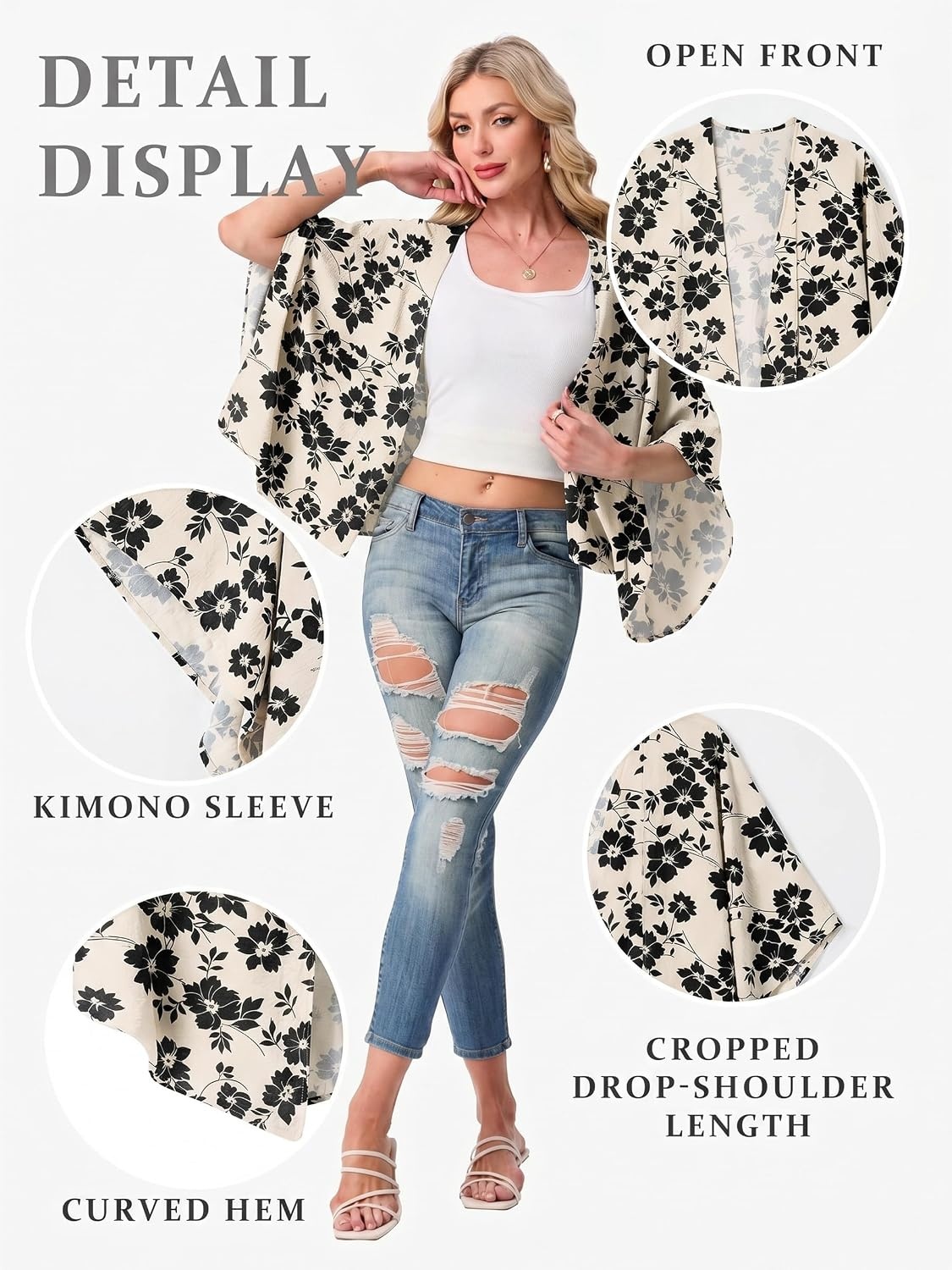 image:imageGRECERELLE Womens Summer Lightweight Cropped Cardigan Open Front Cover Ups for Dresses Kimono Oversized Trendy Layering Tops Casual Loose Shrug for VacationKhaki Black Flower