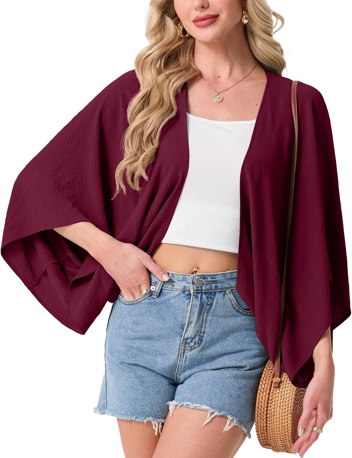 image:imageGRECERELLE Womens Summer Lightweight Cropped Cardigan Open Front Cover Ups for Dresses Kimono Oversized Trendy Layering Tops Casual Loose Shrug for VacationWine Red