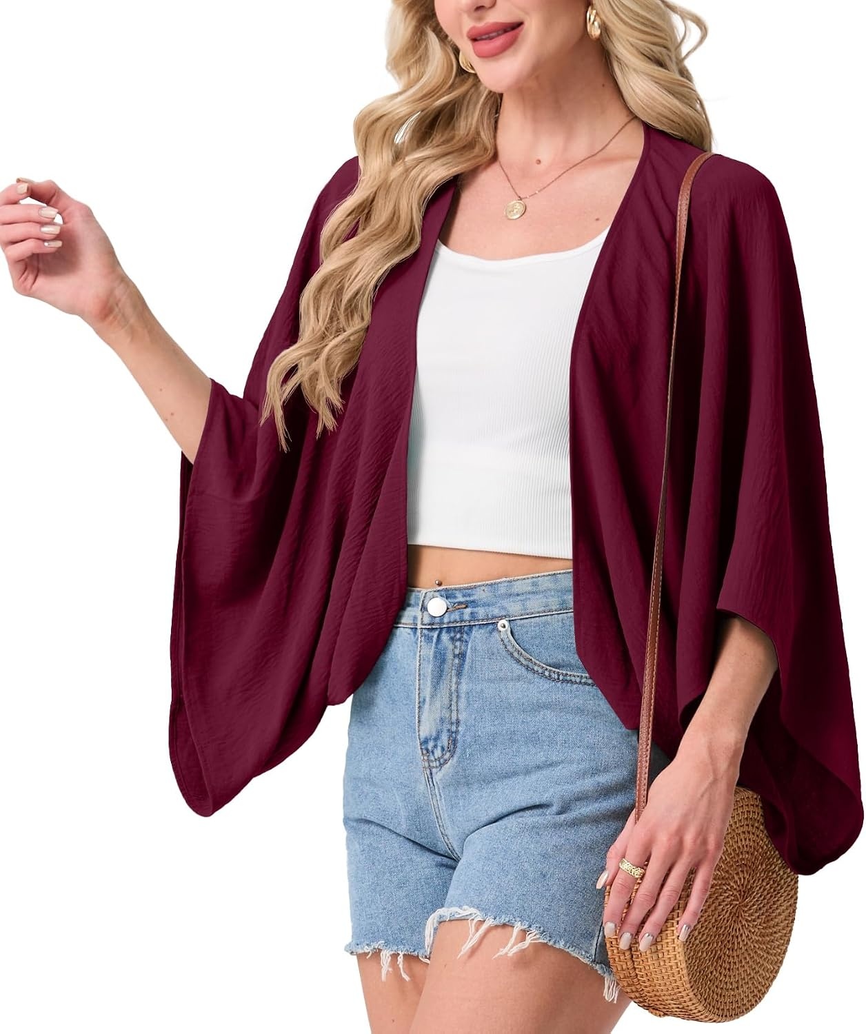 image:imageGRECERELLE Womens Summer Lightweight Cropped Cardigan Open Front Cover Ups for Dresses Kimono Oversized Trendy Layering Tops Casual Loose Shrug for VacationWine Red