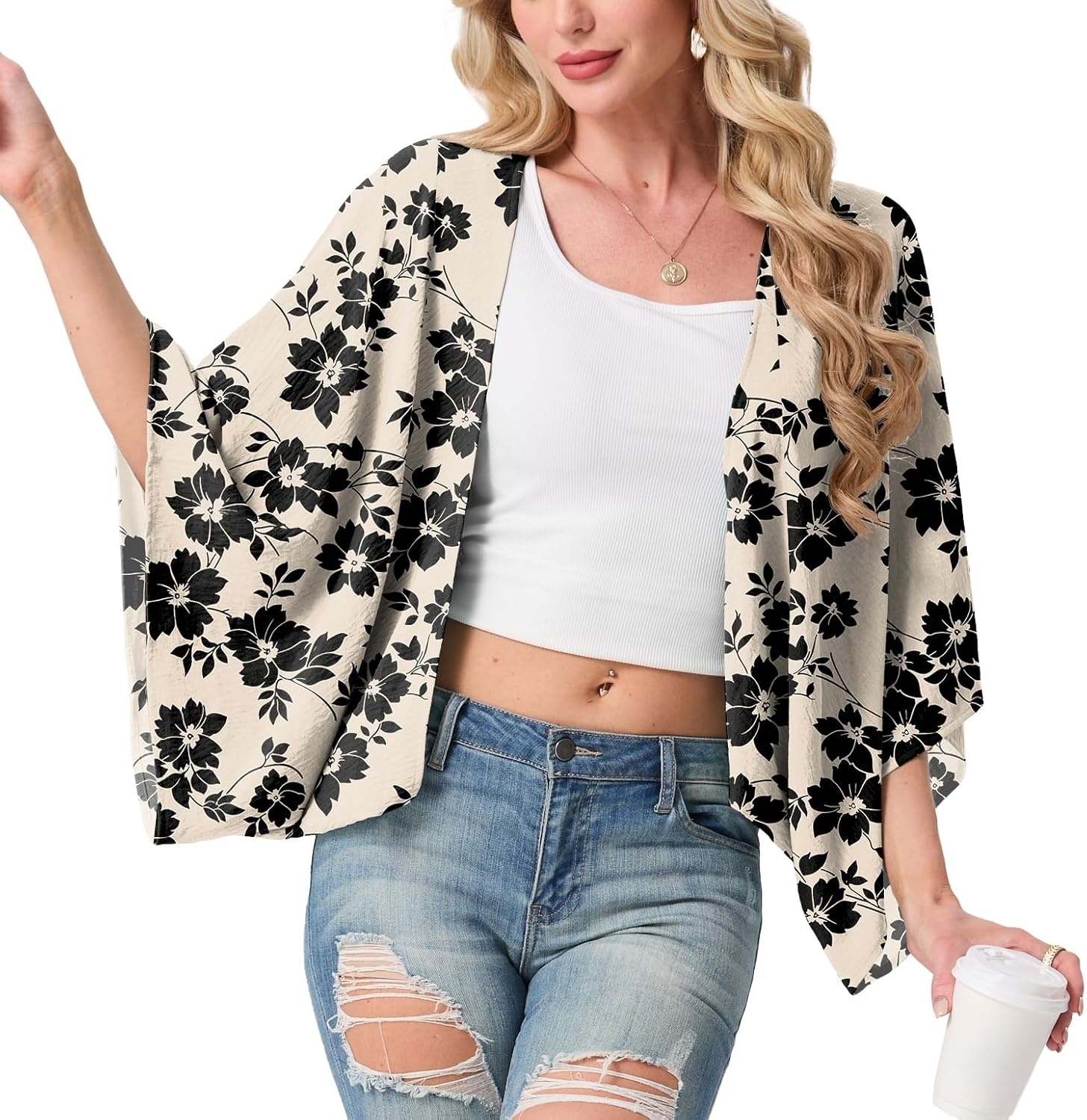 image:imageGRECERELLE Womens Summer Lightweight Cropped Cardigan Open Front Cover Ups for Dresses Kimono Oversized Trendy Layering Tops Casual Loose Shrug for VacationKhaki Black Flower
