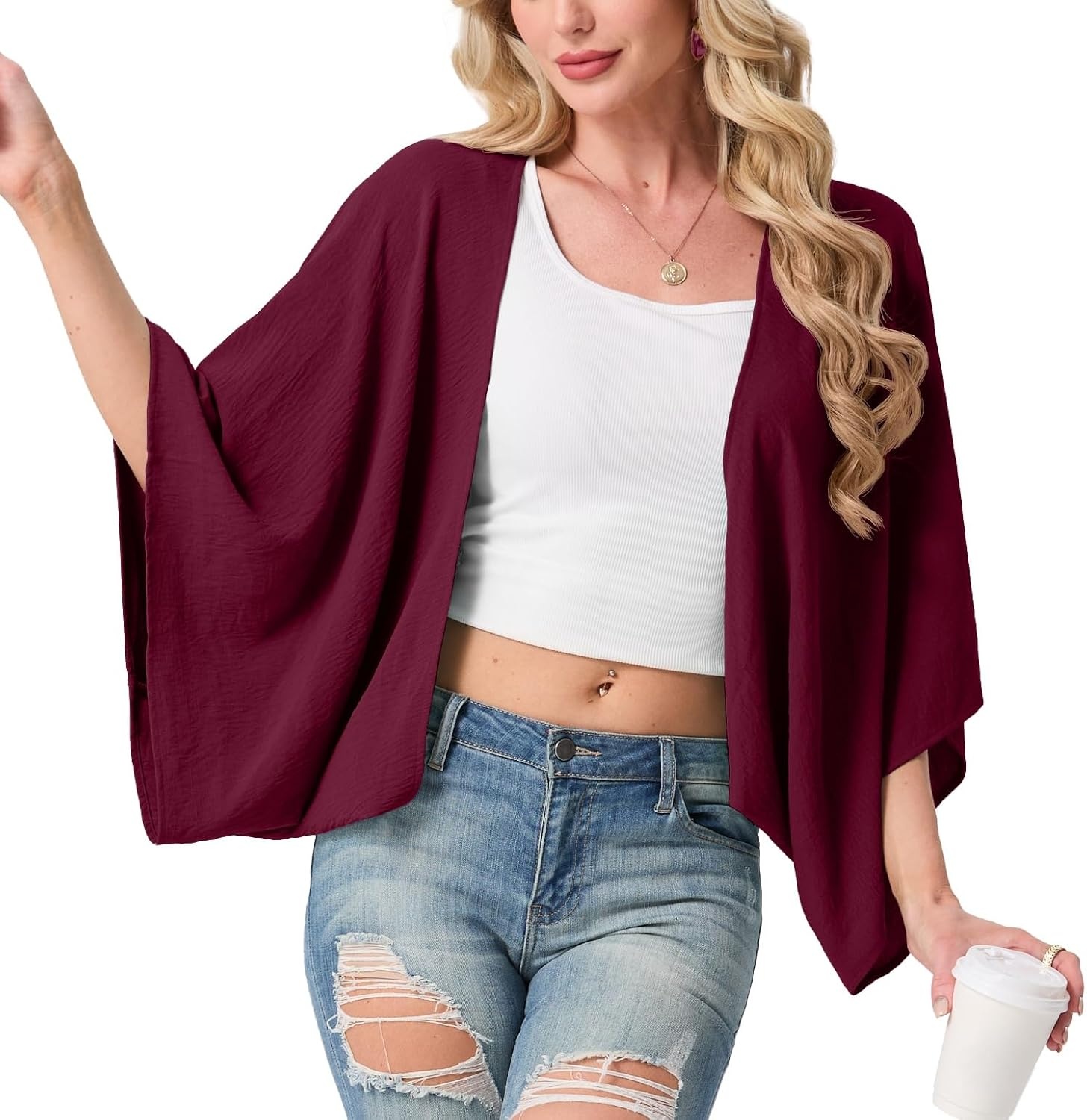 image:imageGRECERELLE Womens Summer Lightweight Cropped Cardigan Open Front Cover Ups for Dresses Kimono Oversized Trendy Layering Tops Casual Loose Shrug for VacationWine Red