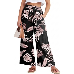 GRECERELLE Women Elastic High Waisted Wide Leg Pants Woman Casual Palazzo Trousers(Black Palm Leaf)