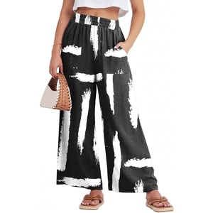 GRECERELLE Women Elastic High Waisted Wide Leg Pants Woman Casual Palazzo Trousers(Black Wt Brush Bar)
